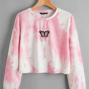Shein Butterfly Appliqué Crop Pink Tie Dye M